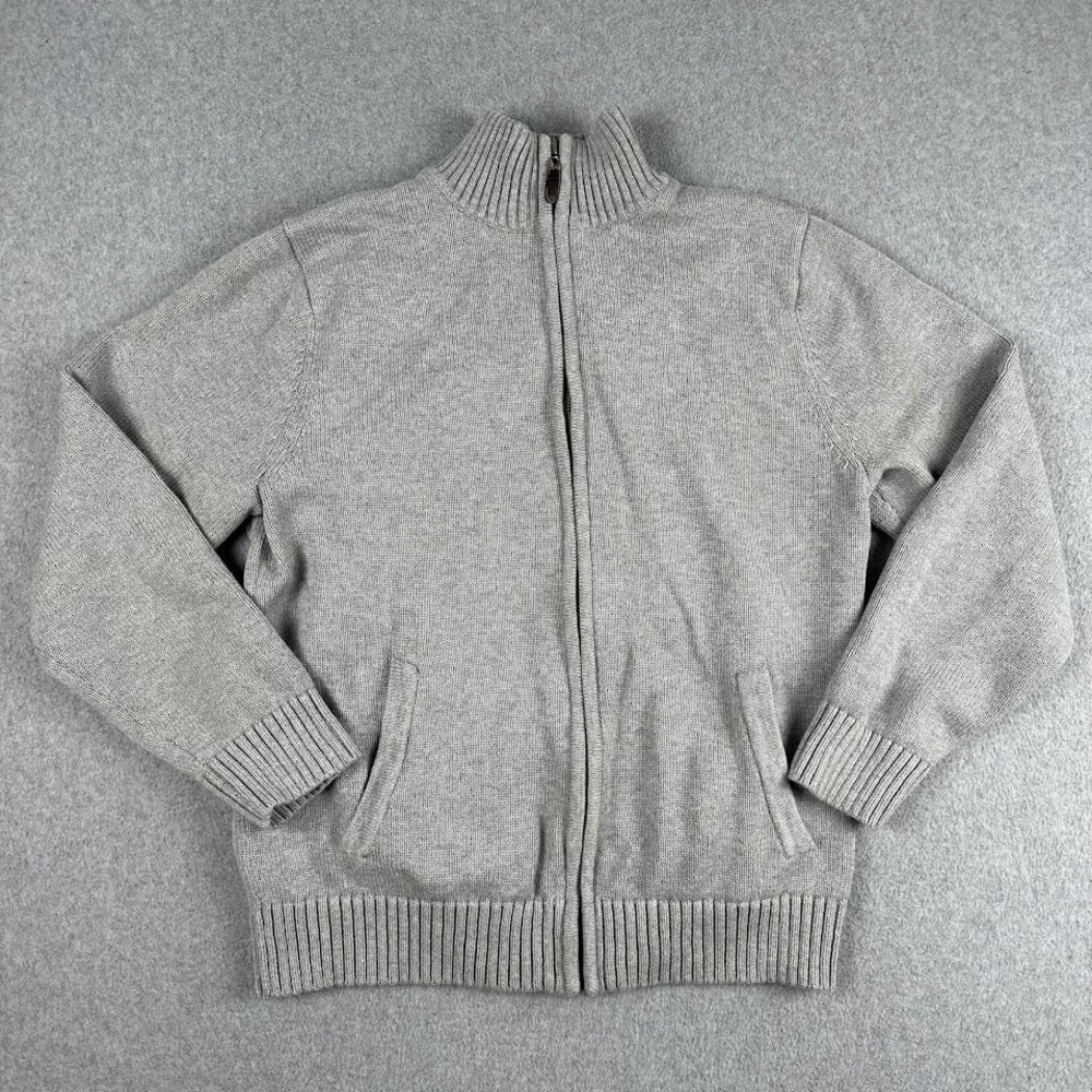 LL Bean Mens Gray Cotton Full Zip Cardigan Sweater Mock Neck 258292‎ Medium Reg